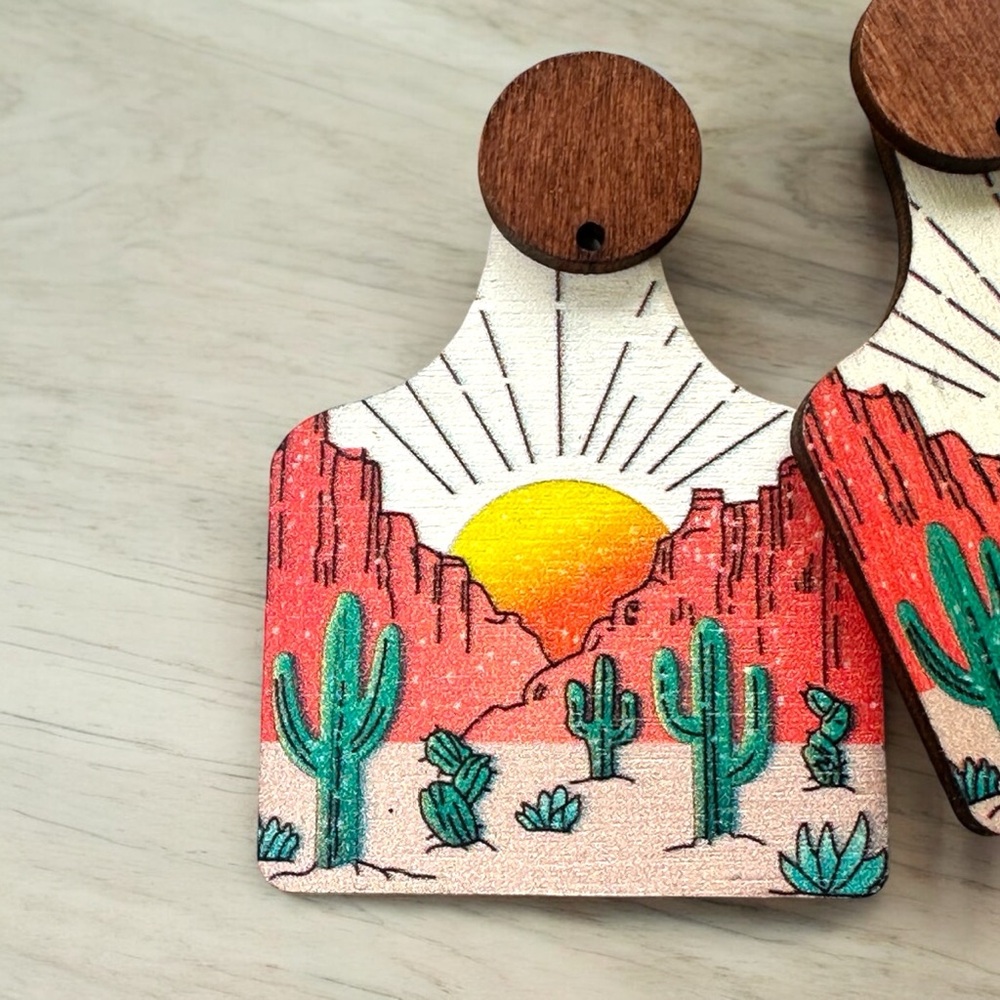 Wooden Cow Tag Earrings - Picture 2 of 4
